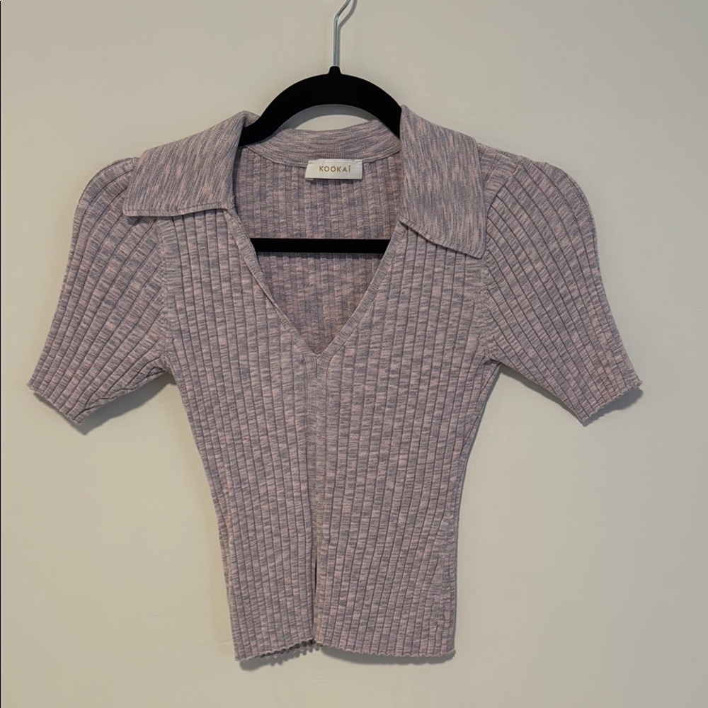 Kookai Lilac Ribbed Knit Polo Top